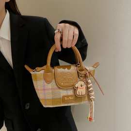 TOU秋冬新款线条小狗格纹饺子包手提包单肩斜挎包