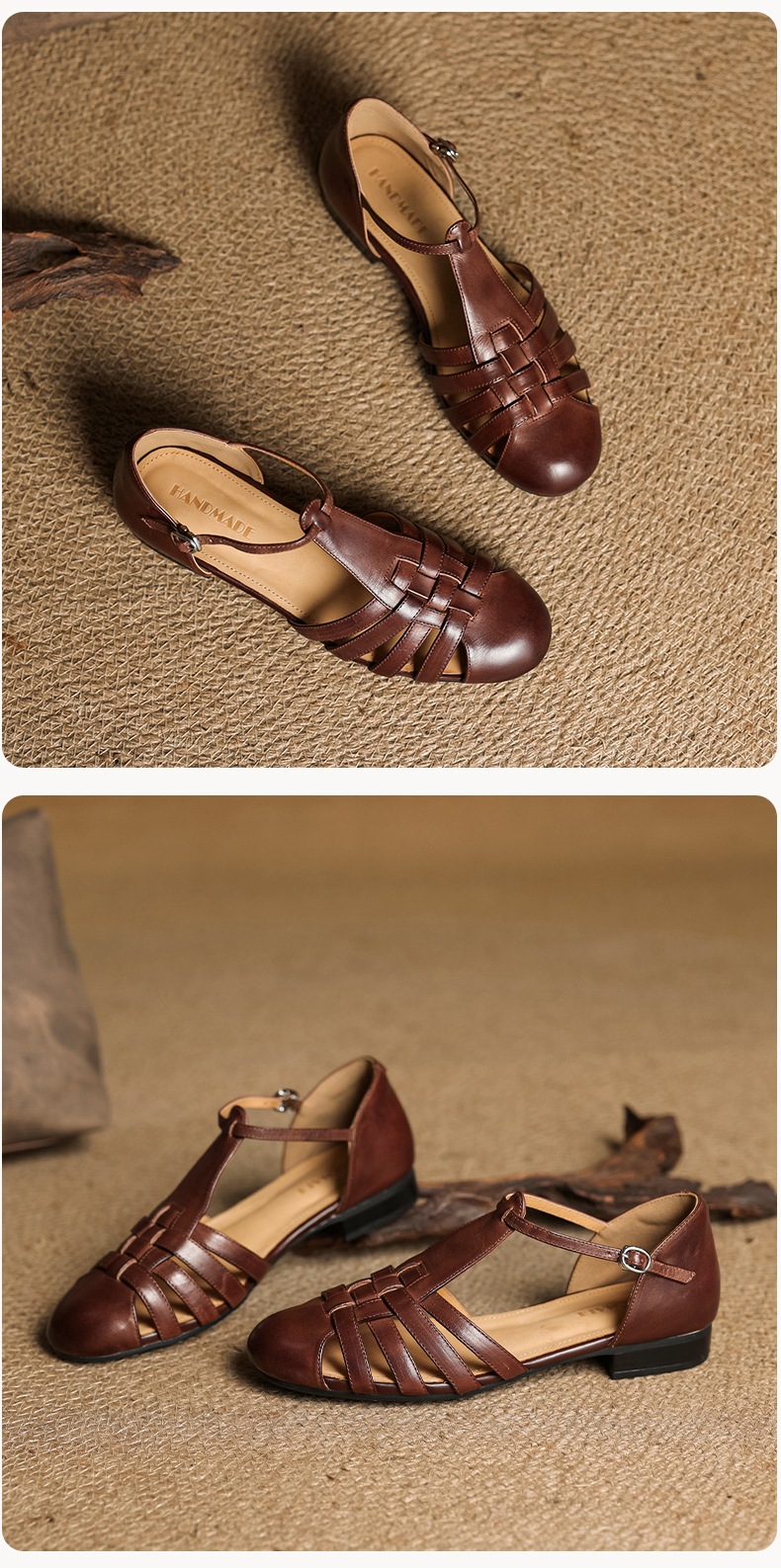 Sandal nữ mũi nhọn da bò quai chữ T gót thấp phong cách La Mã — nâu chi tiết 24