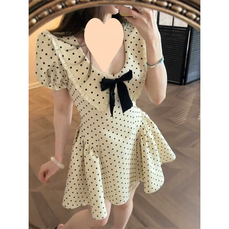 Платье в горошек с короткими рукавами и бантом во французском стиле для женщин, летняя новая стильная юбка для похудения талии и красивая юбка