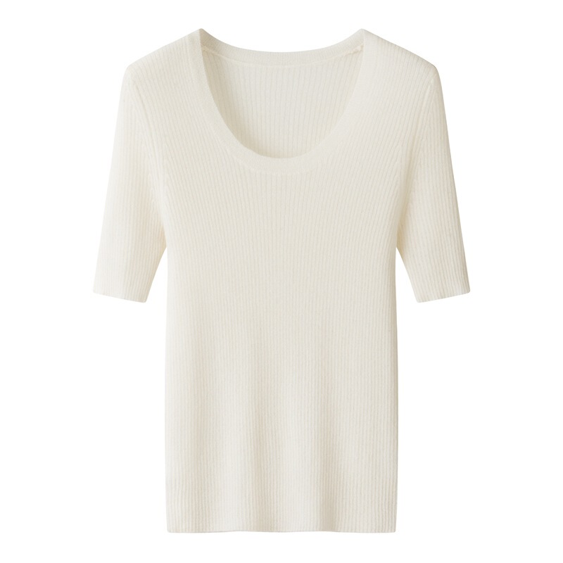 100% pure cashmere U-neck knitted short-sleeve women's slim-fit top sweater with shiny thread, solid color, versatile half-sleeve cashmere shirt 100% pure cashmere U-neck knitted short-sleeve women's slim-fit top sweater with shiny thread, solid color, versatile half-sleeve cashmere shirt