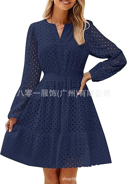 2024欧米の外国貿易クロスボーダー婦人服アマゾンの起爆vネックの透かし彫りの穴の刺繍綿の長袖のワンピース|undefined