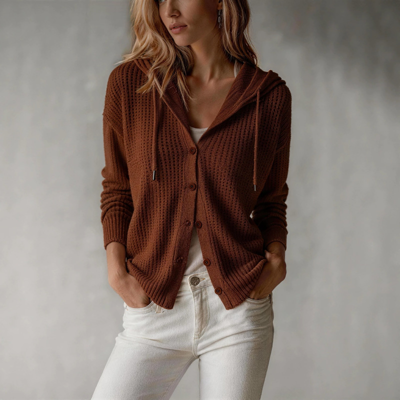 2026 New In-Stock European and American Style Foreign Trade Cross-Border Hooded Knit Cardigan for Women, Solid Color, Loose Fit, Thin Outerwear 2026 New In-Stock European and American Style Foreign Trade Cross-Border Hooded Knit Cardigan for Women, Solid Color, Loose Fit, Thin Outerwear