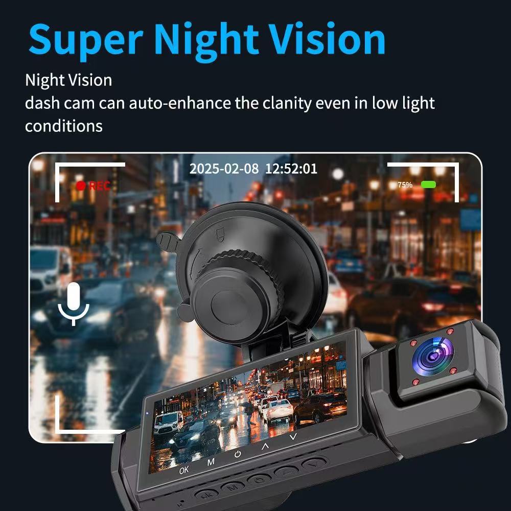 Three-lens dashcam for ride-sharing services with WiFi connectivity, infrared night vision, wide-angle, and in-car synchronized recording