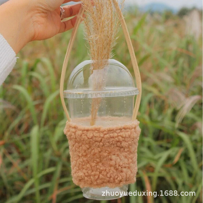 冬季新款泰迪绒手提杯套 便携保温杯杯套 可刺绣环保饮料提袋