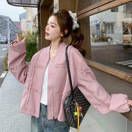 2025春季新款短款外套女圆领木耳花边装饰黑色夹克时尚小个子上衣