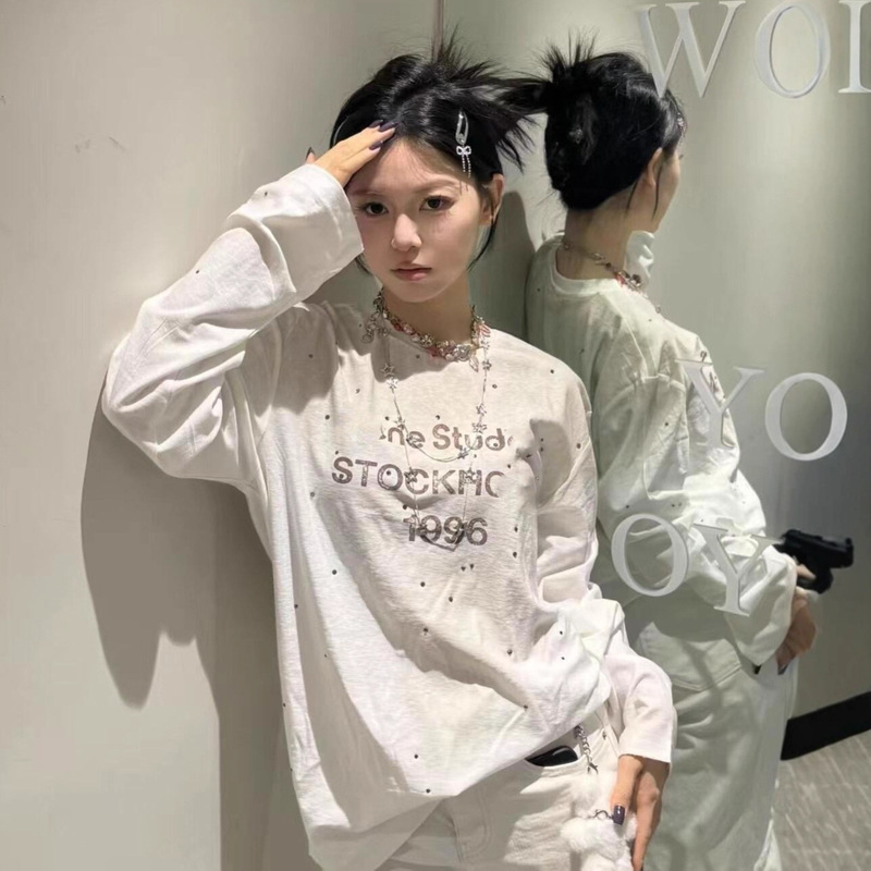High-End Ac Limited Edition Rhinestone Distressed 1996 Letter Print Long-Sleeve T-Shirt Retro T-Shirt Women's Casual Dirty Top Women
