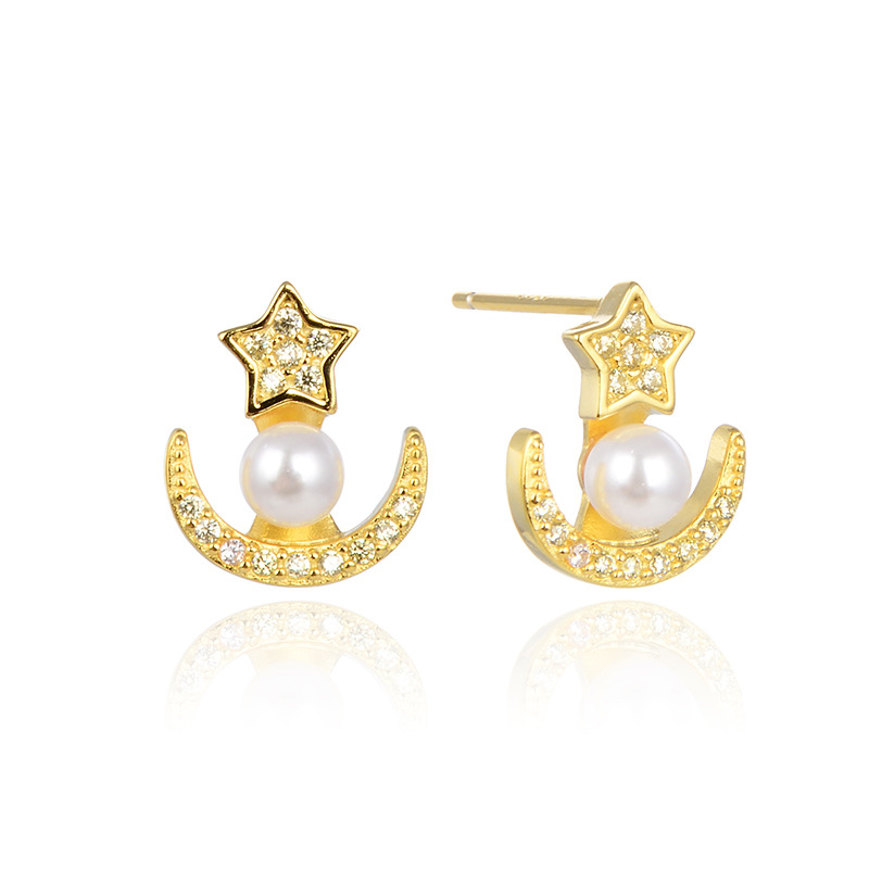 Fresh star moon circón accesorios pendientes de Corea del Sur s925 pendientes de perlas de plata pendientes de moda de las mujeres al por mayor