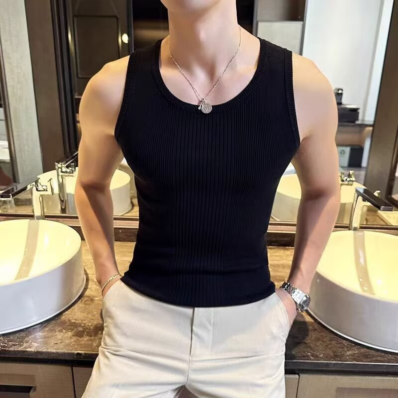 Ribbed Slim-Fit Knit Tank Top for Men, Solid Color U-Neck, Stretchy, Simple, Trendy, Sleeveless Gym Vest Ribbed Slim-Fit Knit Tank Top for Men, Solid Color U-Neck, Stretchy, Simple, Trendy, Sleeveless Gym Vest
