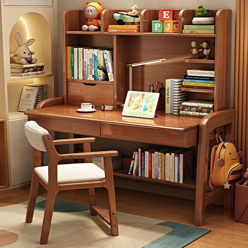 Solid Wood Liftable Desk and Bookshelf Integrated Children's Study Desk Primary and Secondary School Students' Writing Desk Home Bedroom Computer Desk