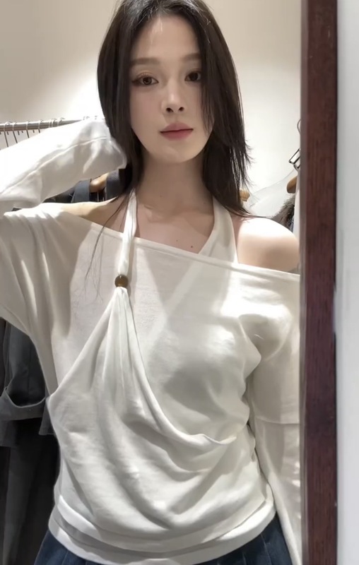 法式一字肩露肩纯欲风T恤女早秋交叉别致挂脖打底衫气质小众上衣|undefined