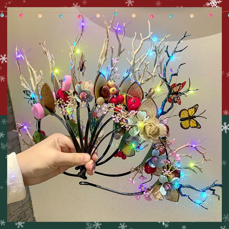 Navidad tocado de cuerno de ciervo, anillo de cabello de hadas, sistema de hadas, decoración de cabello de cabeza de ciervo, tarjeta de cabello rojo de mar.