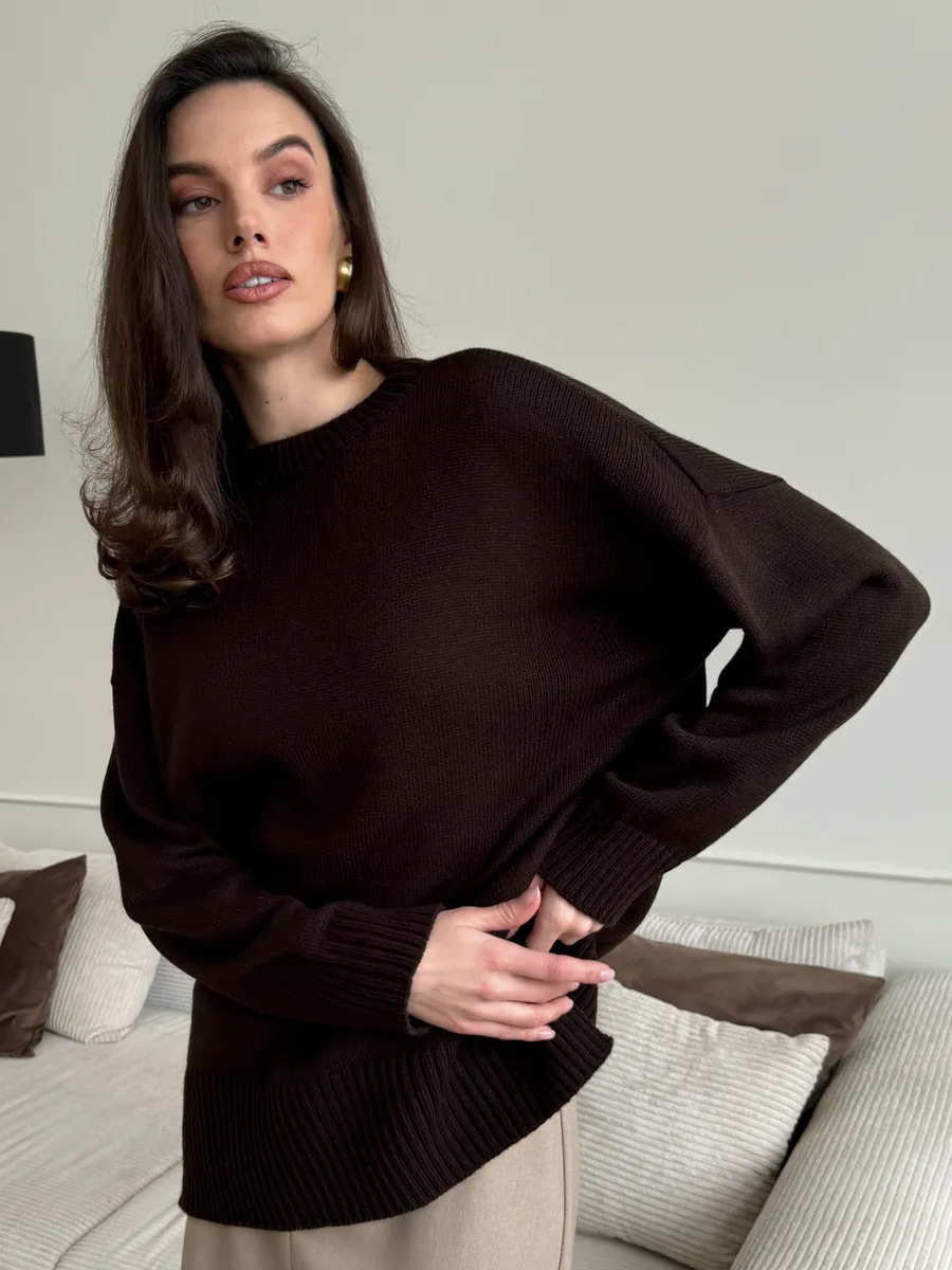 Suéter de cuello redondo transfronterizo Europa y los Estados Unidos 2025 otoño y invierno bifurcado camiseta de punto de color sólido universal cálido suéter casual mujer image 5