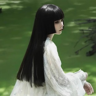 Princess Cut Wig Women's Long Hair Japanese-style Lolita Second-dimensional Himeji Jellyfish Head Black Long Straight Wig Full Head Cover