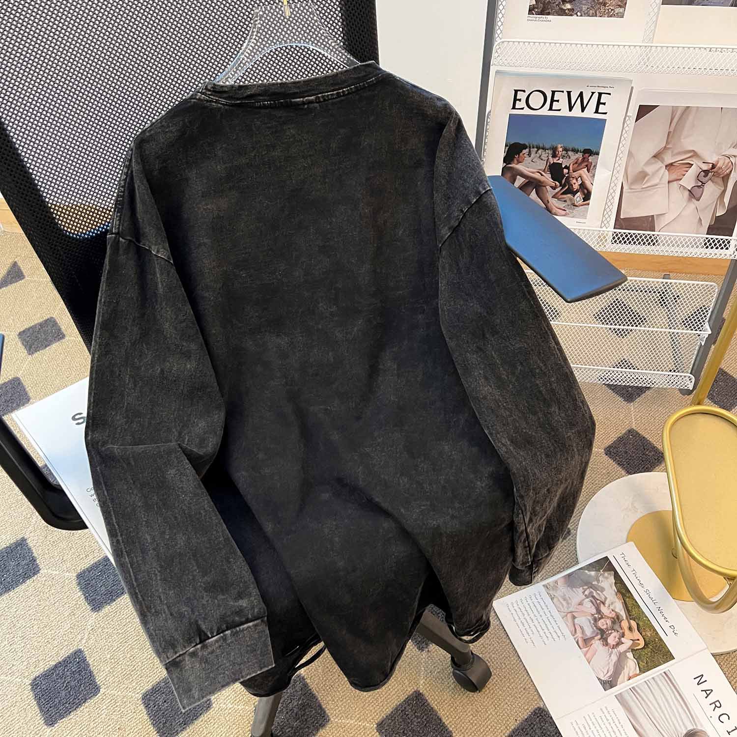 Washed Vintage Pure Cotton Loose Fitting Casual Pullover Spring Autumn Washed Worn round Neck Ripped Long T Shirt Women