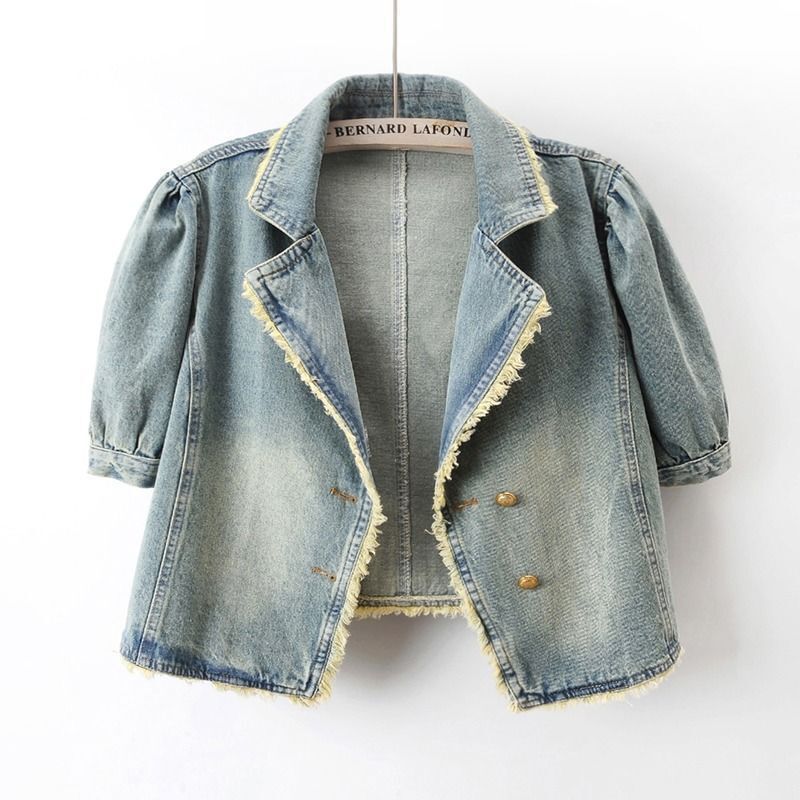 2026 Summer Korean Style Loose Thin Puff Sleeve Short Denim Jacket for Women, Vintage Denim Jacket Top