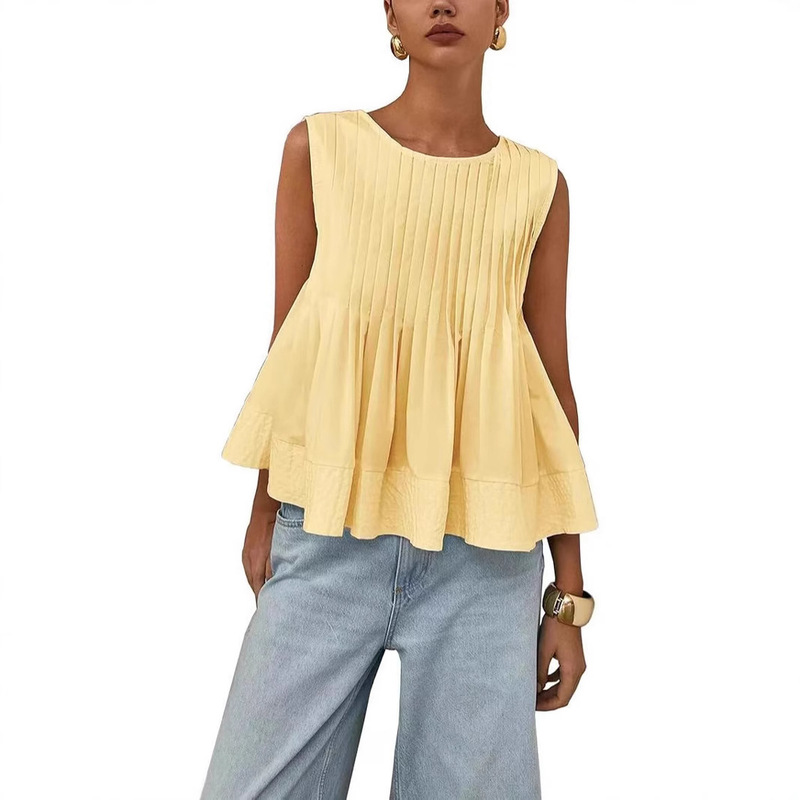 Amazon AliExpress 2025 European and American New Women's Pleated Slim Loose Vest Shirt Amazon AliExpress 2025 European and American New Women's Pleated Slim Loose Vest Shirt