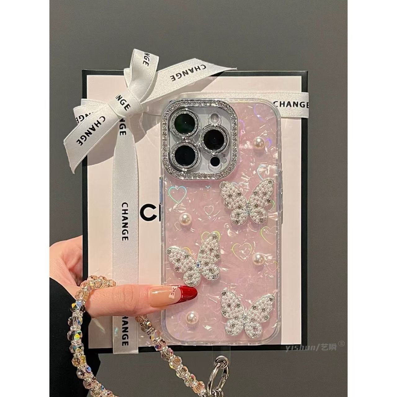 Suitable for Apple 17Promax Rhinestone Pearl Butterfly Bracelet Mobile Phone Case Iphone15 Shell Pattern 14 Laser Protection