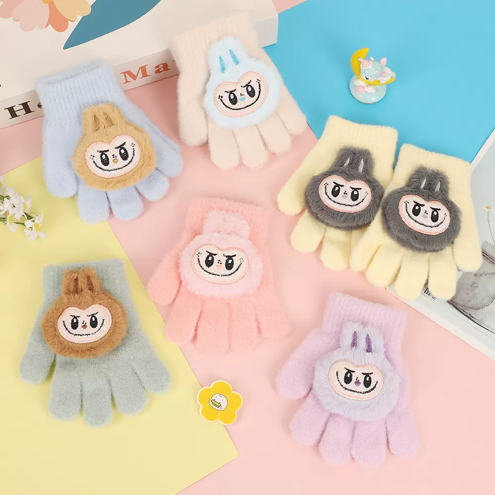 秋冬季儿童卡通手套女保暖手套加厚加绒男可爱宝宝针织手套批发
