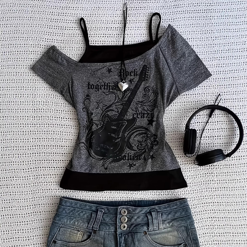 Cross-Border Ins Trendy European and American Summer New Fashion Printed Gothic Style Women's Short-Sleeve T-Shirt Set