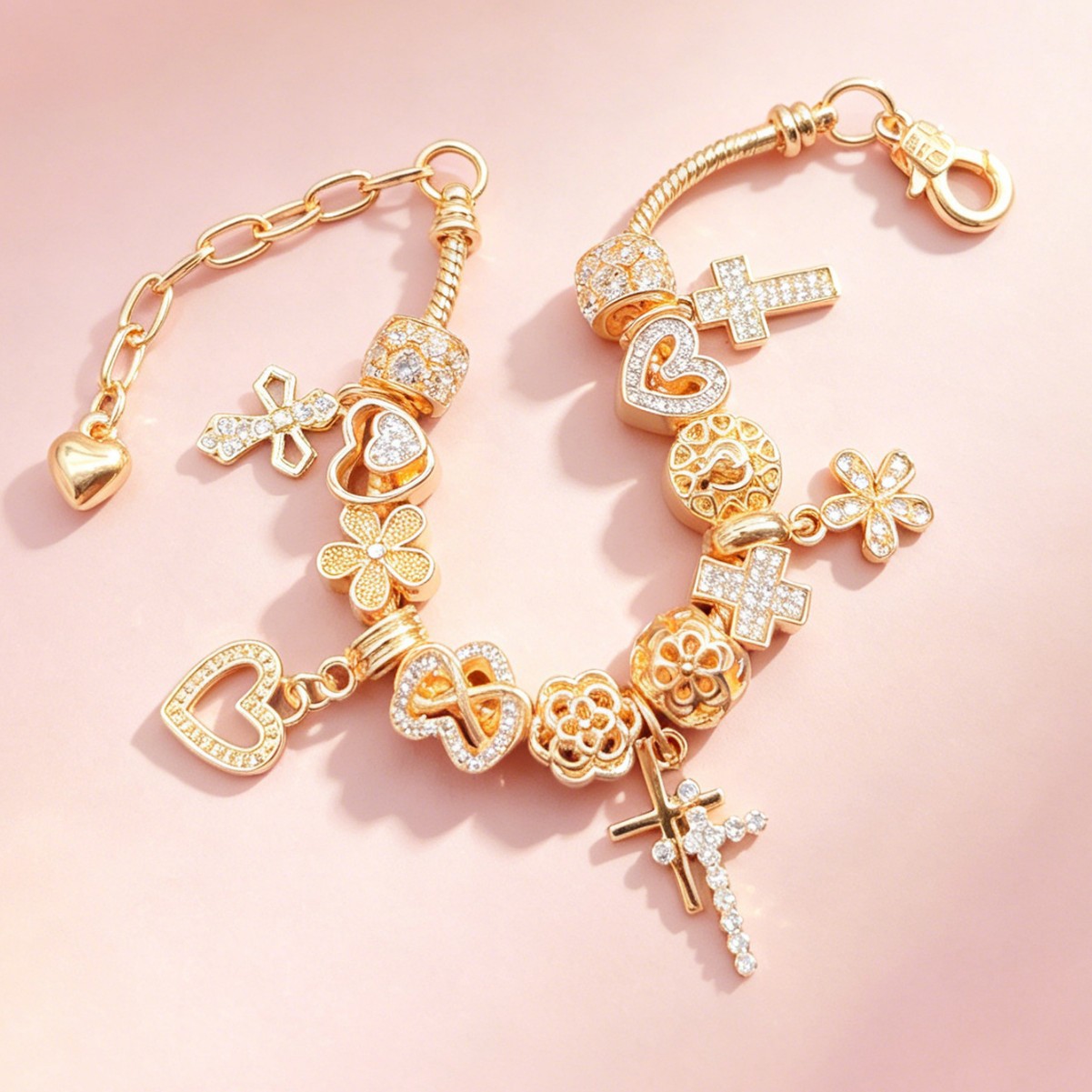 Brazalete de diamante de Panjia doble cruz transfronteriza explosión de mano pesada brazalete de flores huecas colgante de corazón joyas personales image 4