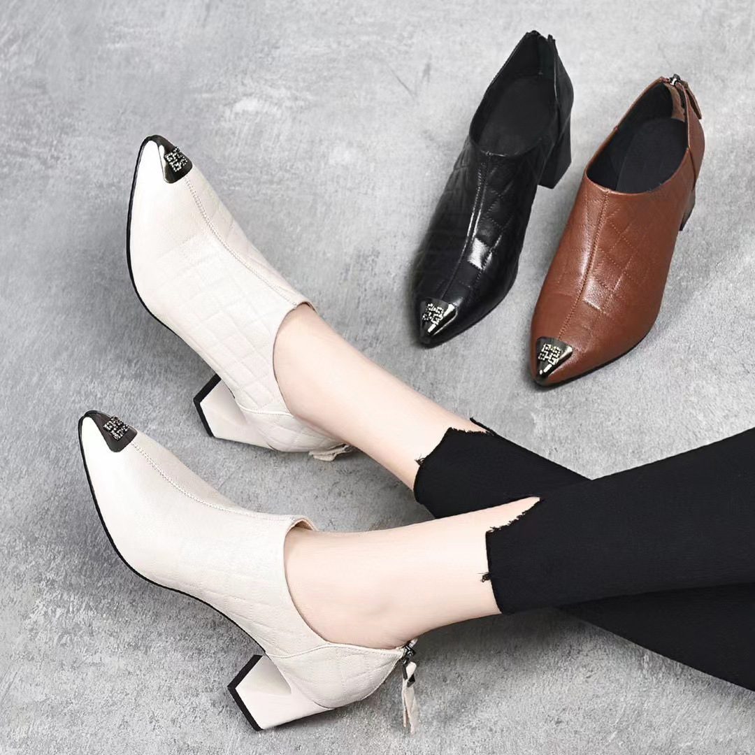 Shoes, leather universal ankle boots, fashionable chain heels with zipper, genuine leather, Korean style, wide stable heel