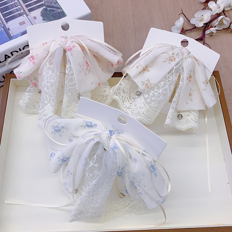 新款薄款碎花蝴蝶结马尾抓夹后脑勺夹子头饰气质半扎发夹发饰批发