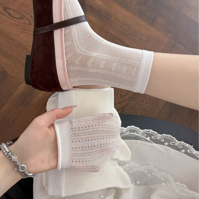 Summer Thin Socks for Women, Antibacterial Cotton White Slouch Socks, Mesh Mid-Calf Socks, Thin Spring and Summer Socks, Versatile Slip-On Style