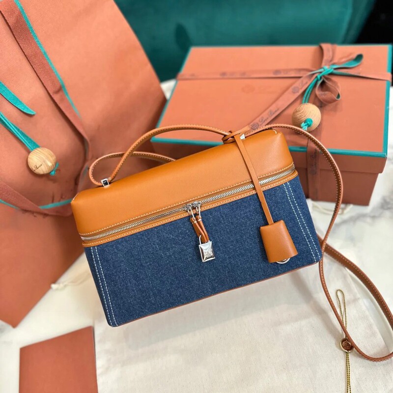 27cm Denim and Leather Lunch Box Bag, Genuine Leather Crossbody Bag, Shoulder Bag, Woolen Women's Bag, Underarm Bag, Trendy Patchwork 27cm Denim and Leather Lunch Box Bag, Genuine Leather Crossbody Bag, Shoulder Bag, Woolen Women's Bag, Underarm Bag, Trendy Patchwork