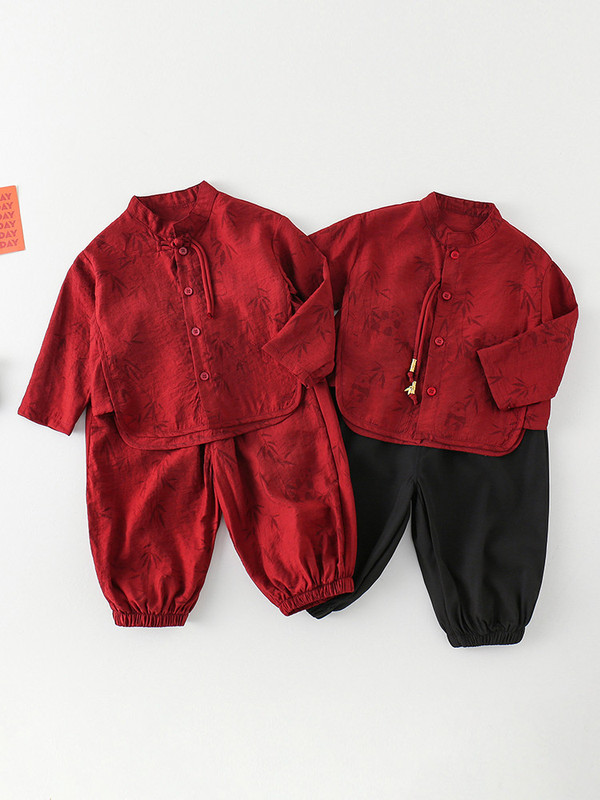 春秋夏季薄款男童中式套装衣服男宝宝红色喜庆抓周服中国风两件套|undefined