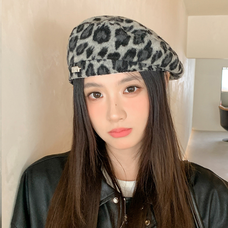 美式辣妹甜酷豹纹贝雷帽秋冬时尚百搭文艺复古画家帽个性休闲帽子|undefined