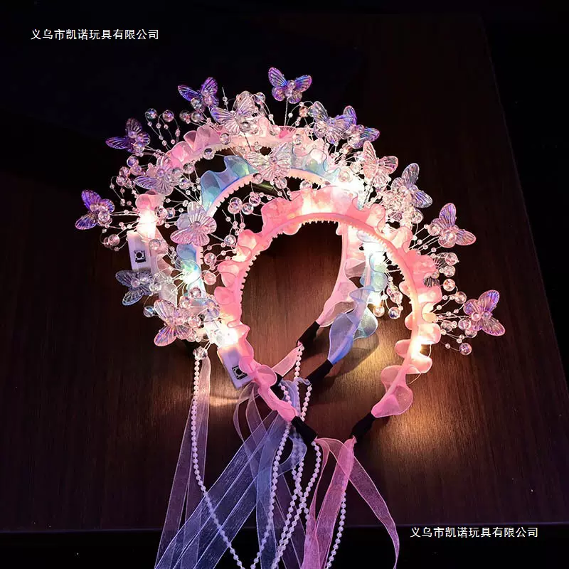 夏日热销新款簪花发箍成品炫彩蝴蝶仙子生日礼物女童头饰玩具发光