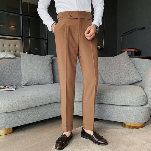 Men's versatile Korean-style slim-fit ankle pants for spring and autumn, retro high-waisted business solid-color straight-leg casual pants
