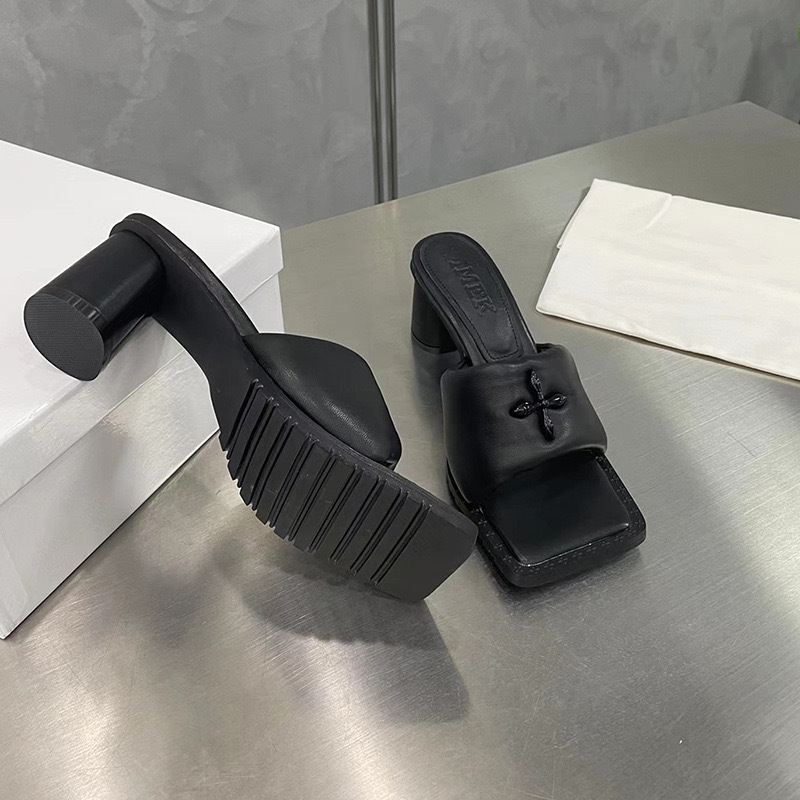 [Ready Stock] Star Black Balloon High Heels Women's Open Toe Square Toe Duckbill Sheepskin One-Line Thick Heel Bread Sandals