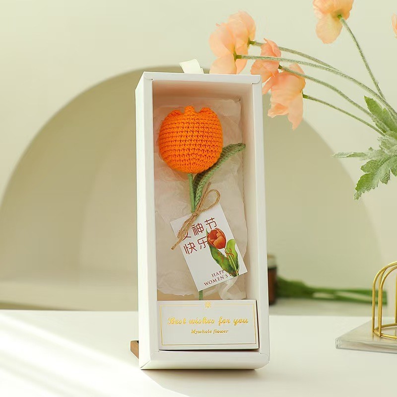 高級ギフトボックス入り毛糸の花完成品、ひまわり、バラ、チューリップ、手編みの花、造花、越境販売|undefined