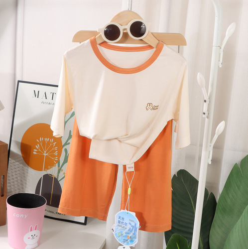 2025 new children's home wear for men and girls A boneless tensel modal quarter sleeve quarter pants air conditioning clothes