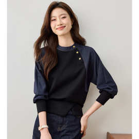 复古高级感牛仔拼接立领卫衣女2024秋季新款时尚显瘦百搭长袖上衣