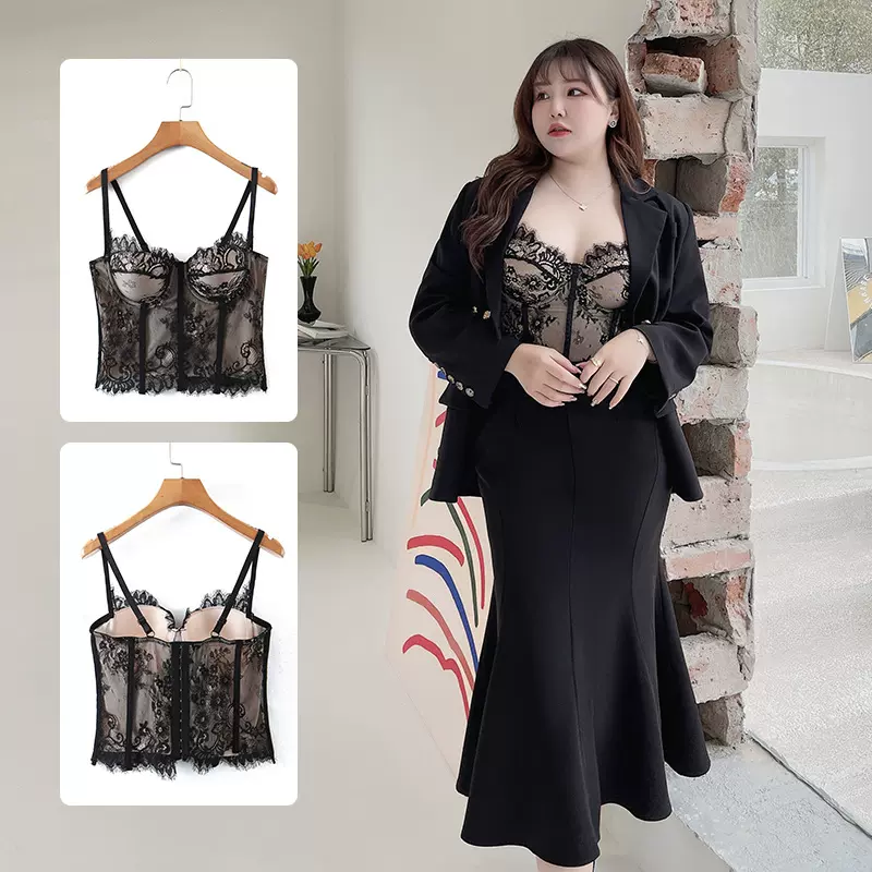 润其·大码美背女性感御姐甜辣风蕾丝鱼骨胸垫美背吊带批发N8353