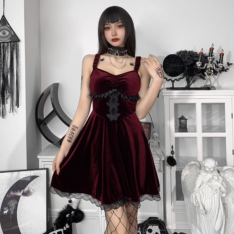 Gothic Style Suede Lace Suspender Dress NSGYB111782