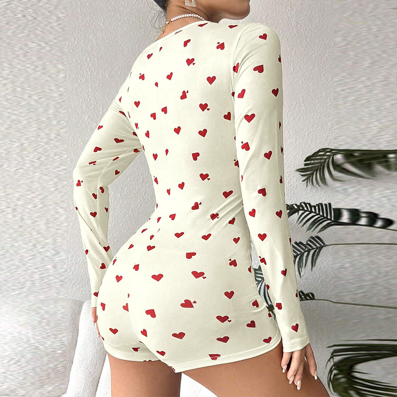 Damen-Loungewear-Set, schmal geschnitten, langärmelig, V-Ausschnitt, Body, europäisch-amerikanischer Stil, bedruckter Herzchen-Pyjama, auch draußen tragbar_voghion.com
