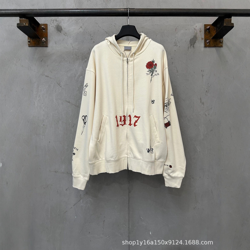 Cross-border 26 new model B brand 1917 tattoo pattern zip-up hoodie, American style, thick, structured, loose fit, unisex