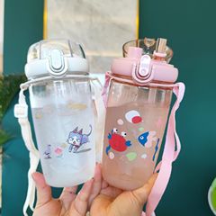 New children's double drinking spout water cup portable strap cup with lock outdoor leisure water bottle fitness sports cup