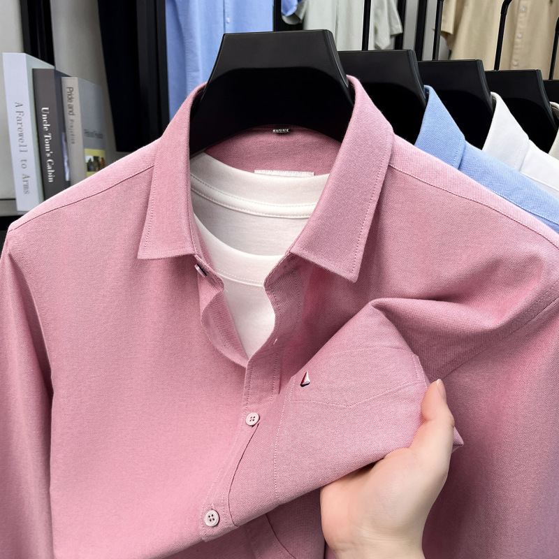 100% cotton men's long-sleeve shirt with pockets, spring and autumn shirt, solid color, business casual, suitable for daily commuting, men's clothing