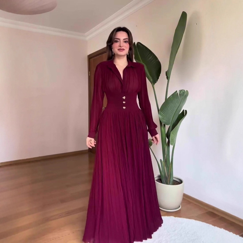 Amazon European and American Cross-Border 2026 Spring New Style Noble and Elegant Waist-Cinching Long-Sleeved Long Dress for Women