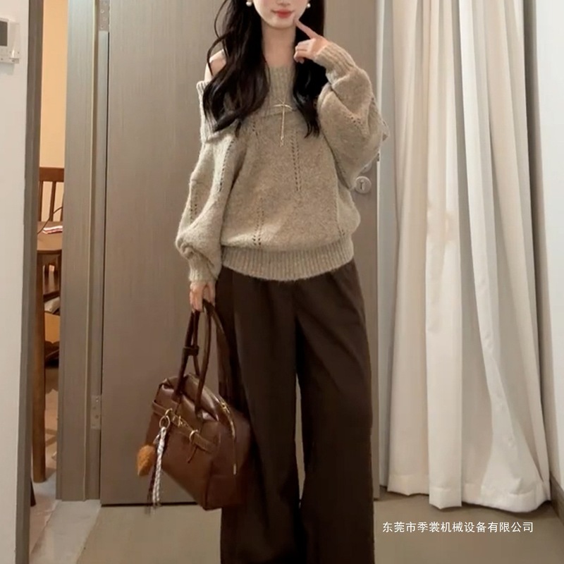 一字肩针织毛衣女秋冬2025年早秋季慵懒风感收腰显瘦内搭上衣|undefined