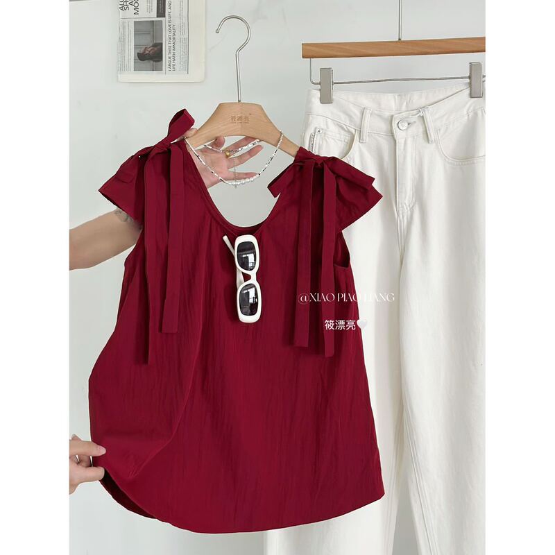 Summer Age-Reducing Bow Tie Button Design Collar Flying Sleeves Pure Color Short-Sleeved Top for Women 2860 #