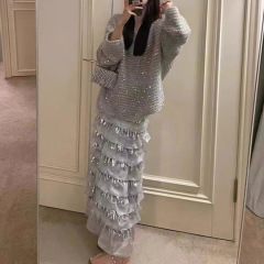 现货秋季装搭配一整套名媛灰色亮片马海毛衣千金亮片半身裙