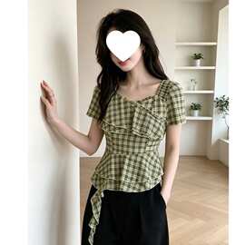雪纺衫女飘带夏季荷叶边收腰法式显瘦格纹2026绿色新款设计感上衣