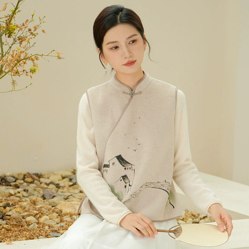 Qing Shuzhai 2023 осенне-зимняя чайная одежда, новый воротник в китайском стиле, шерстяной женский жилет с ручной росписью, Легкий приталенный жилет для кафе