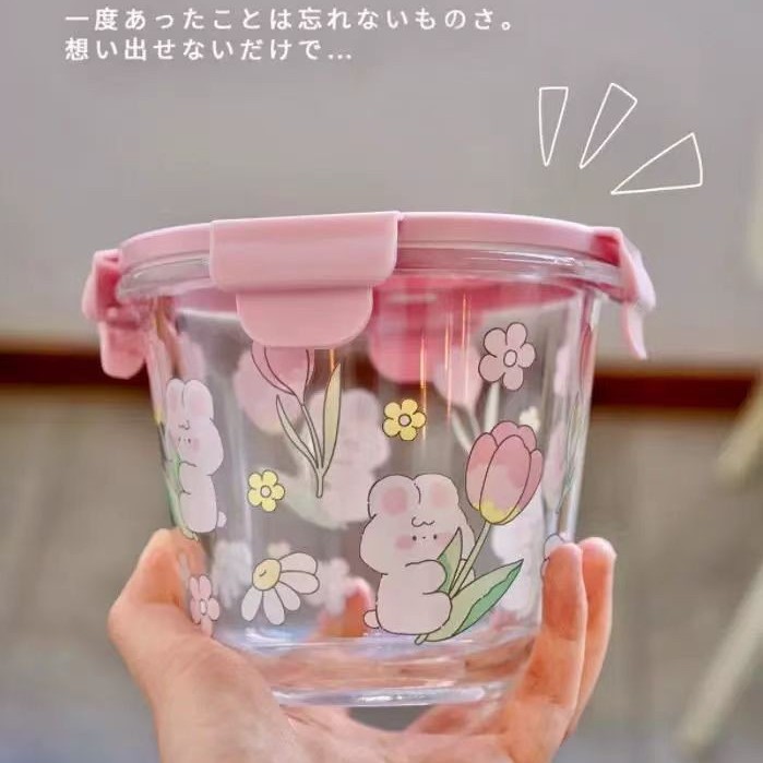 Bolimei sala de flores conejo de vidrio resistente al calor crisper con tapa sellada caja de Bento tazón de vidrio