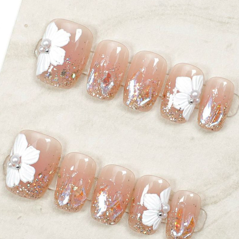10 piezas para usar uñas de verano estereoscópica flor blush parche de uñas falsas cortas productos terminados